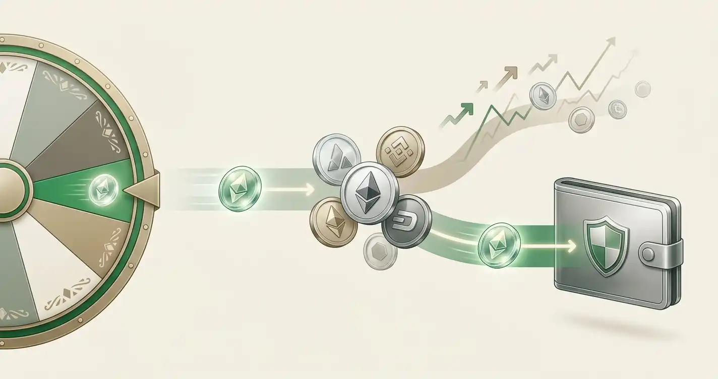Reward wheel linked to crypto tokens and a wallet withdrawal path