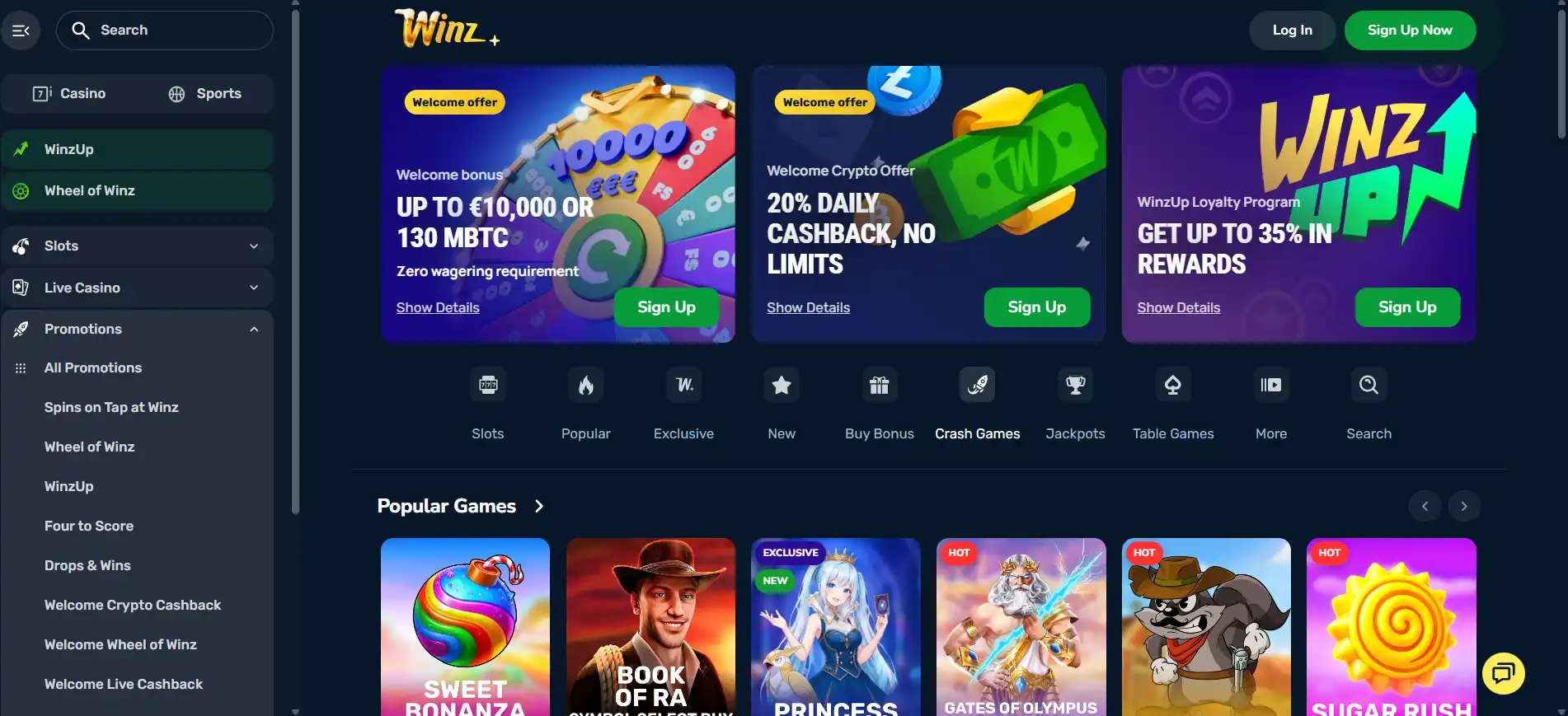Winz.io public homepage header and primary navigation