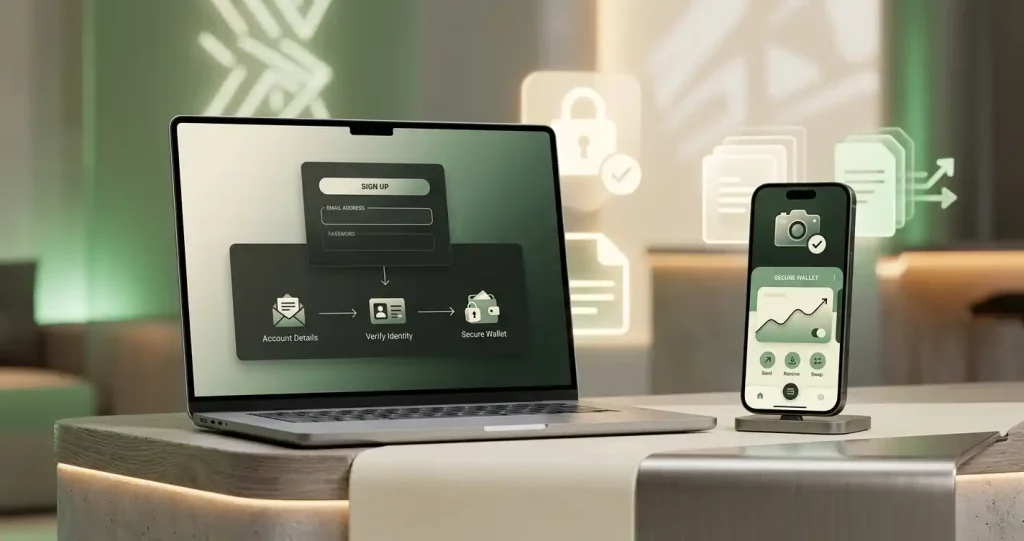 Email account signup leading to identity review and a crypto wallet
