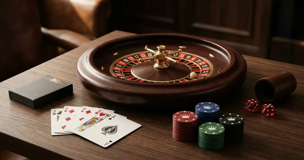 Casino game library with playing cards, roulette wheel and dice