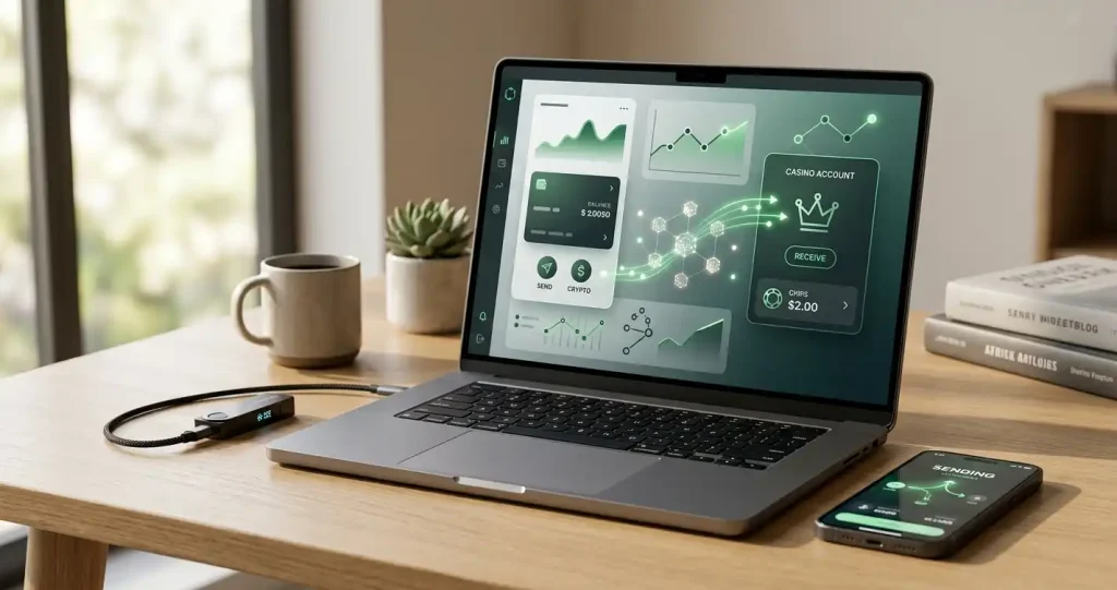 Crypto wallet sending digital assets through a blockchain route to a casino balance