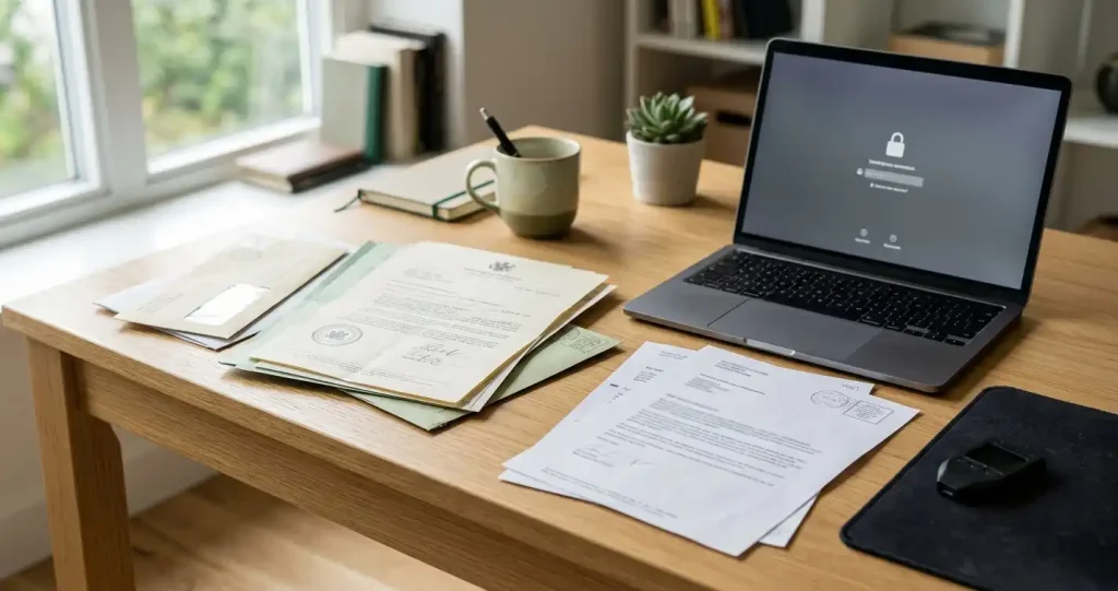 Licence papers beside a locked account screen and dispute correspondence