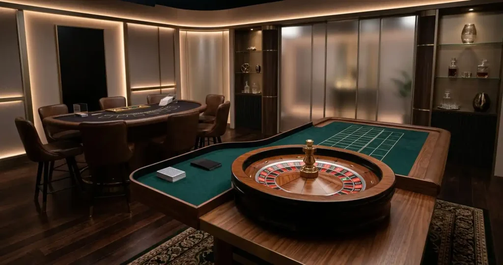Live casino table with roulette wheel, playing cards and studio lighting
